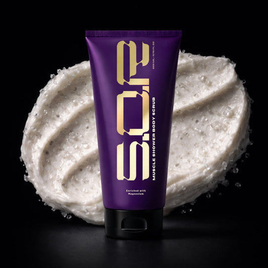 Muscle Shower Body Scrub, 200ml purple tube with gold S.O.R wordmark
